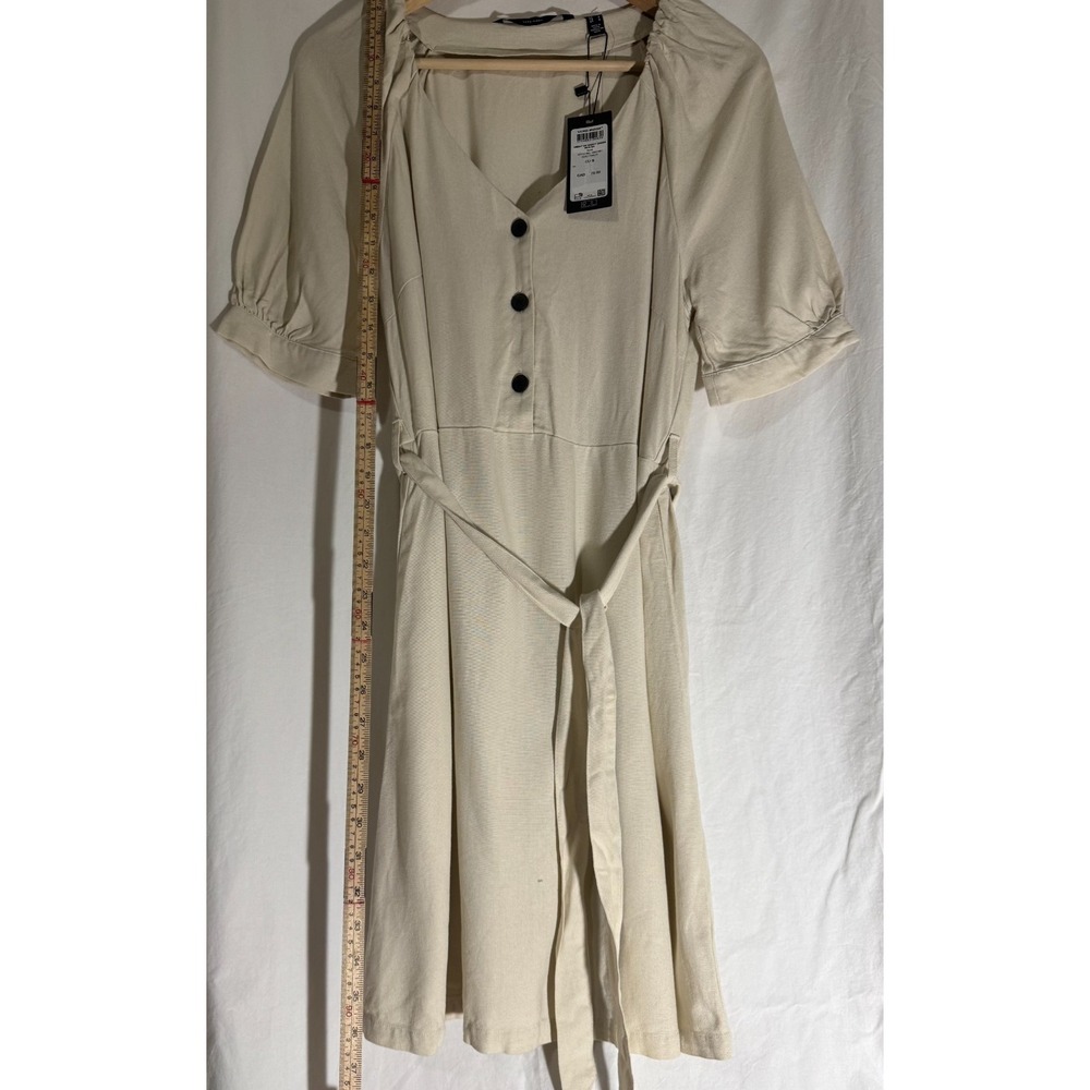 NWT VERO MODA Linen Blend Puff Sleeve Midi‎ Dress Birch Beige Tie Waist Size S - Picture 2 of 6